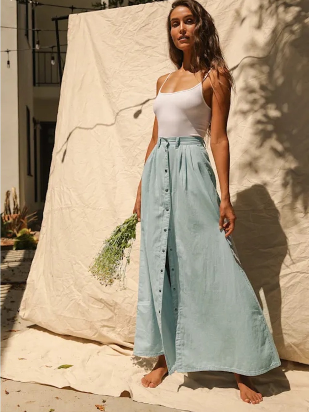 Baez Light Blue Chambray Button-Front Maxi Skirt with Pockets - Size XS